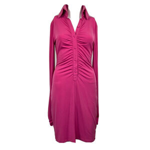 NWT Karl Lagerfeld Dress Womens Sz XS Pink Shirt Stretch Ruched Collar Button Up